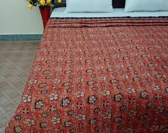 Edredón Kantha floral rojo, ropa de cama de inspiración india con estampado a mano, Kantha vintage de algodón, manta de dos capas cosida a mano.