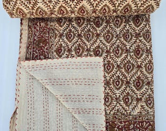 Edredón Kantha de algodón con estampado a mano, ropa de cama de algodón indio floral, Kantha hecho a mano