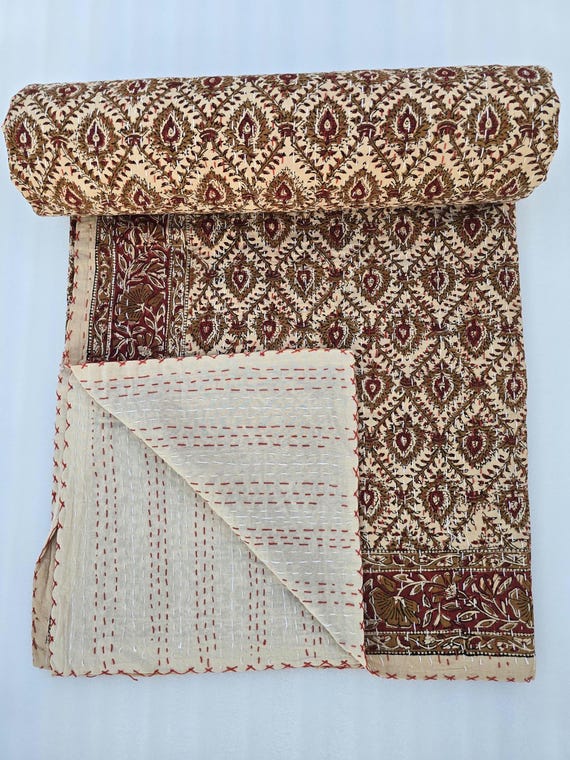 Hand Block Print Quilt Cotton Kantha Quilt, Floral Indian Cotton Bedding, Handmade Kantha