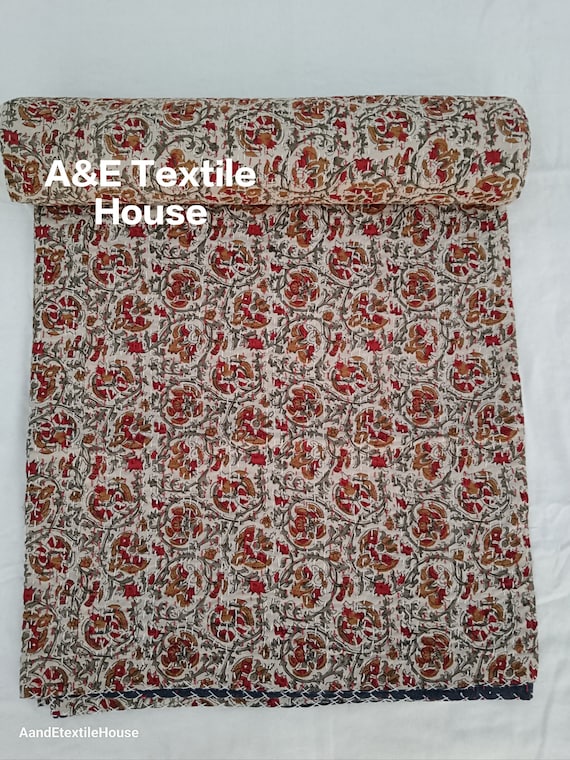 Indian kantha Quilt Kantha Quilt Floral Boho Bedding Hand Block Print Kantha Throw Blanket Lightweight