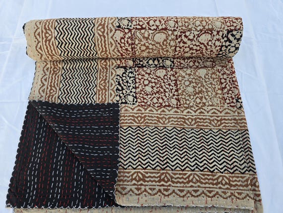 Floral Kantha Quilt Handblock Print floral Kantha Indian  Netural Colour Indian inspired Bedding Hand Stitched bedding kantha Quilt throw