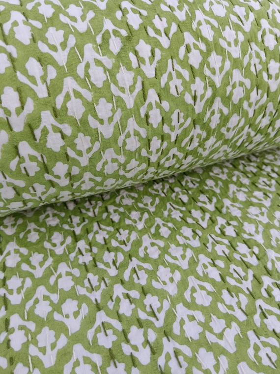 Premium Indian Green Floral Hand Block Print Bedding Bedspread Green Queen Kantha Quilt Cotton Kantha Quilt  Green indian Soft Cotton Throw