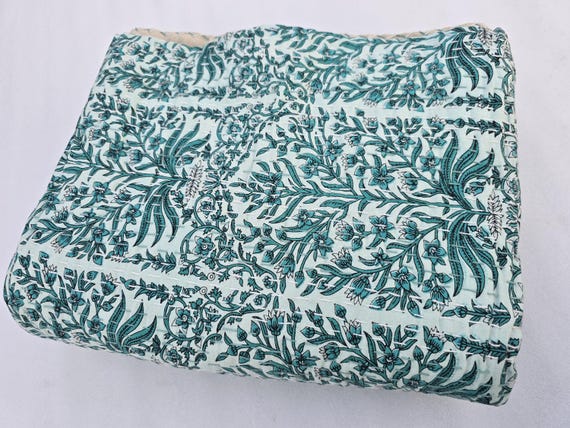 Hand-Stitched Kantha Quilt: Floral Block Print Indian Cotton Bedding