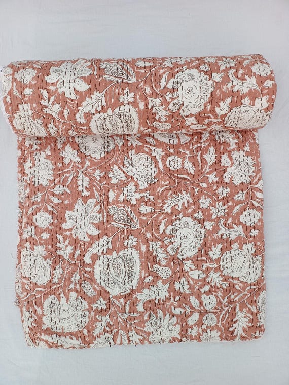Peach Floral Hand Block Print Kantha Quilt: Handmade Cotton Blanket