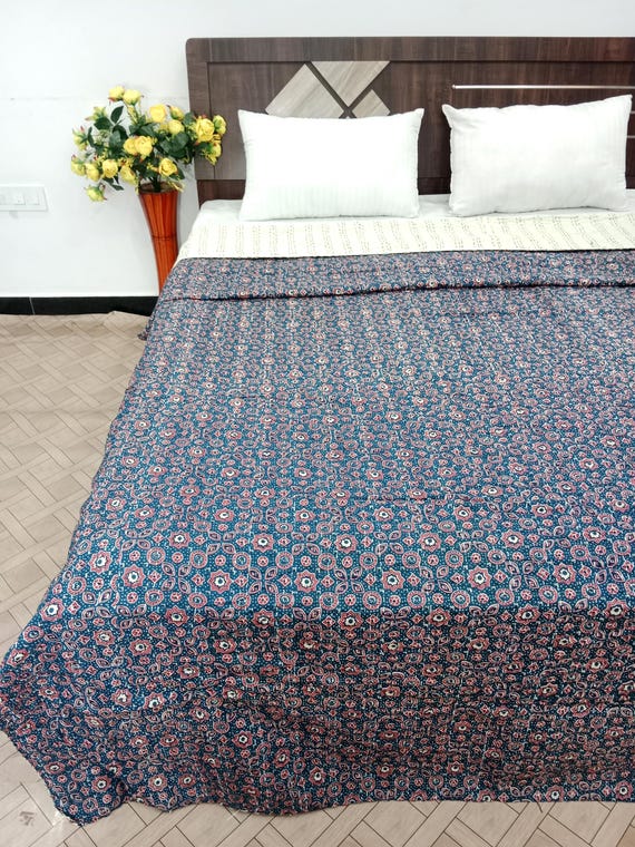 Floral Kantha Quilt: Handblock Print Indian Bedding