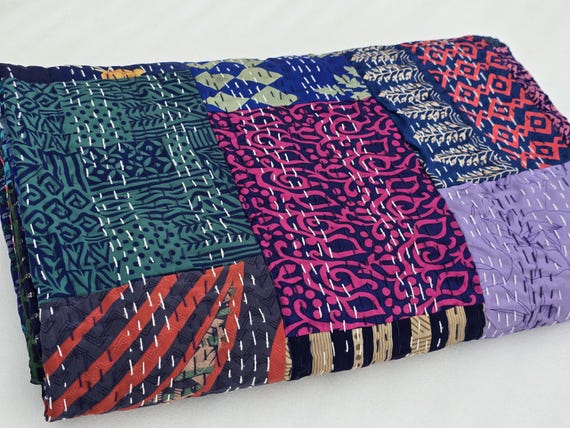Indian Silk Patola Patchwork Kantha Quilt: Handmade Vintage Style Bedding Rare Find Only 1 pieces Available