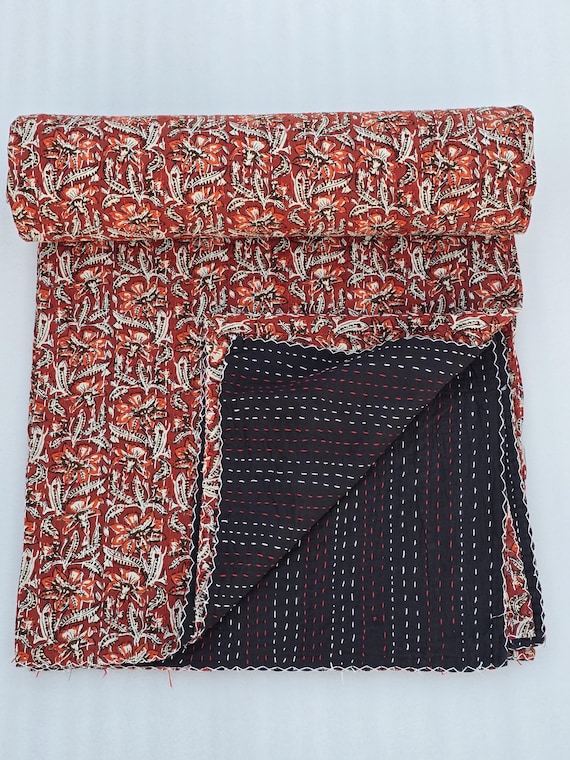 Floral block Print Kantha Quilt - Indian Throw Cotton Bedding Bedspread