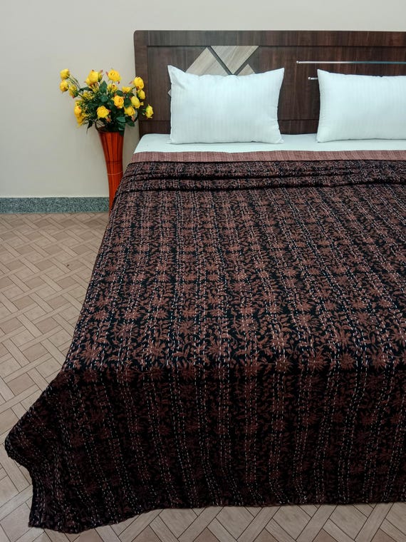 Chocolate Brown Kantha Quilt, Elisa Hand Block Print Indian Natural Color Floral Print Quilt, Hand Stitched Natural vegetable dye Home Decor