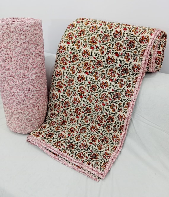 Winter Warm Quilt Cotton Batting "Quilt" Handmade Reversible "Cotton" Kantha Quilt: Indian Floral Quilt