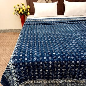 Indigo Blue white Kantha Quilt Indian Hand Block Print Bedding Bedspread All Size cotton quilt navy handmade quilts king size white and blue