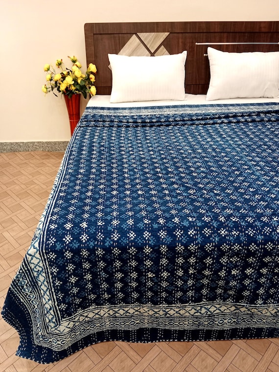 Indigo Blue white Kantha Quilt Indian Hand Block Print Bedding Bedspread All Size cotton quilt navy handmade quilts king size white and blue