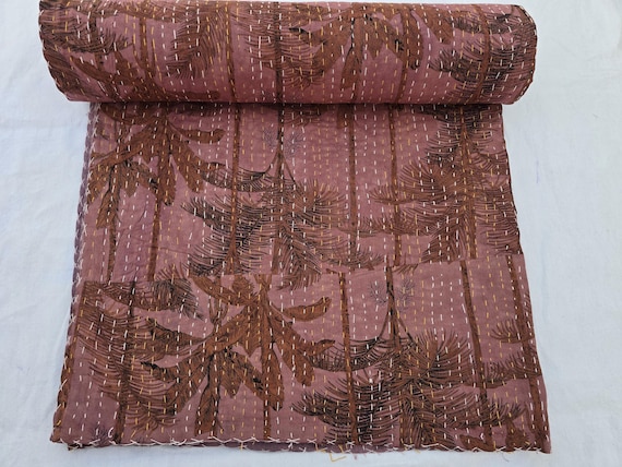 Handmade Tropical Kantha Quilt: Floral Tree Design, 100% Cotton