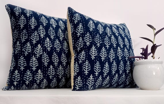 Premium Pillows Cushion Cover Customize Size Shames Pillows, Hand block Print  Handmade Kantha Work Hand stitched Pillow, Boho Pillowcase