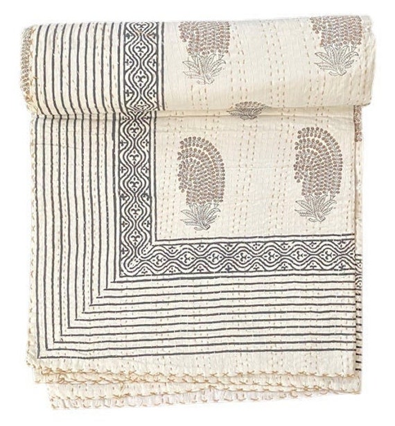 Handblock Print Kantha Quilt: Floral Indian Cotton Coverlet