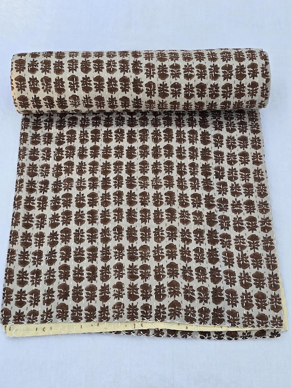Floral Kantha Quilt, Vintage Block Print Bedding, Handmade Cotton Bedspread