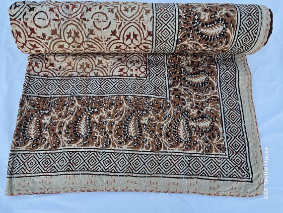 Kantha Quilt Bedding Hand Block Print Floral Blanket Indian Natural Color, Hand-Stitched Rural Kantha Bedding, Ethnic Home Décor Style