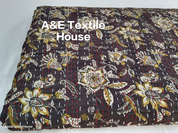 Gold Floral Kantha Quilt Handblock Print floral Kantha handblock print kantha quilt throw, handmade kantha quilt queen bedspread brddding