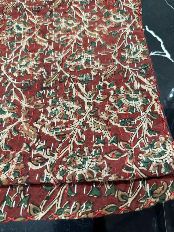Floral Kantha Quilt: Handblock Print Indian Queen Size Quilt