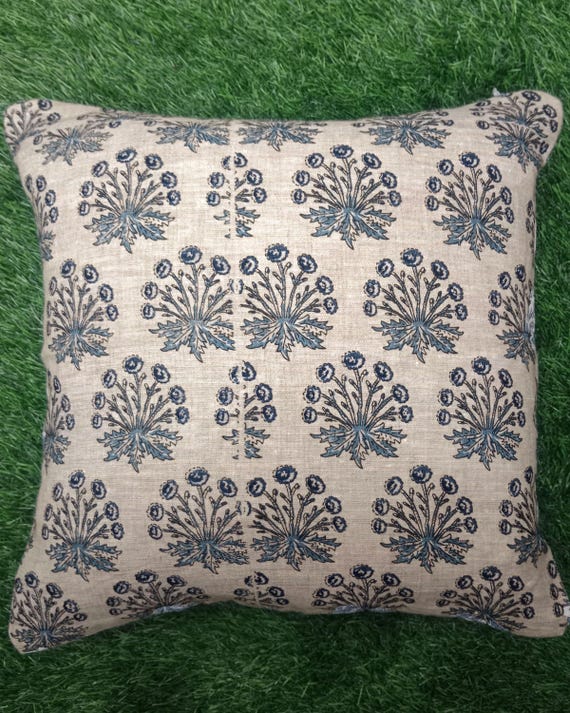 2 Pieces 16x16 inches Handblock print Floral Print Cushion Covers Cotton Fabric 1 pair 16x16 Inches Size Handblock print Natural Colour