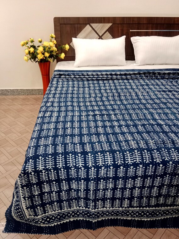 Indigo Hand Block Print Kantha Quilt: Floral Cotton Bedspread