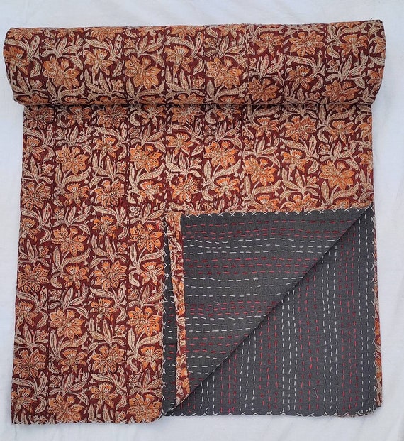 Floral Handblock Print Kantha Quilt, Maroon Burgundy Indian Inspired Bedspread, Handmade Cotton Throw Blanket, Vintage Boho Bedding Quilt