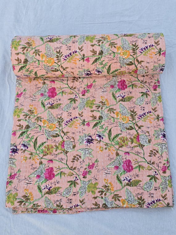 Peach Floral Kantha Quilt: Hand-Stitched Indian Cotton Bedspread