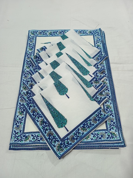 Hand Block Printed Premium Napkins for 6 Seater with Matching Table Mat Set | Perfect Valentine’s Day Gift | Eco-Friendly Dining Set