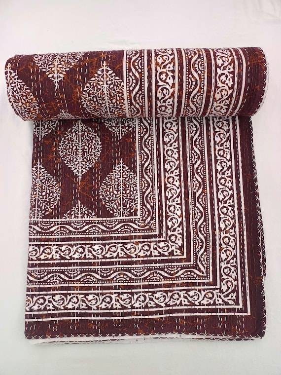 Floral Print Kantha Quilt Block Print Quilt: Vintage Floral Design, Double/Queen Size Bedding