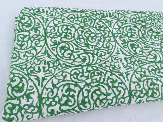 Green Queen Kantha Quilt Green Floral Cotton Kantha Quilt Green indian cotton bedspread Green Bedspread, Bedspread Queen Green kantha quilt