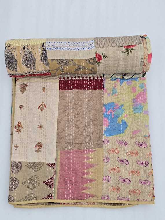 Indian Silk Patola Patchwork Handmade Kantha Quilt Assorted Patchwork Kantha Handmade Vintage Quilts Assorted Vintage style vintage design