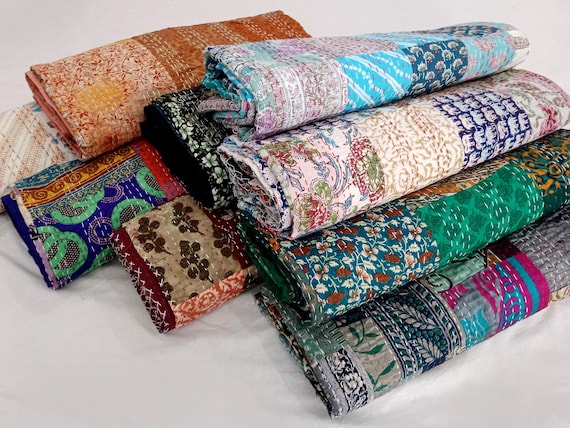 5 Piece lot Handmade Indian Vintage Kantha Quilts Reversible Bohemian Home Decor Blanket Assorted Color Twin Size 85X55 Inches Multicolor