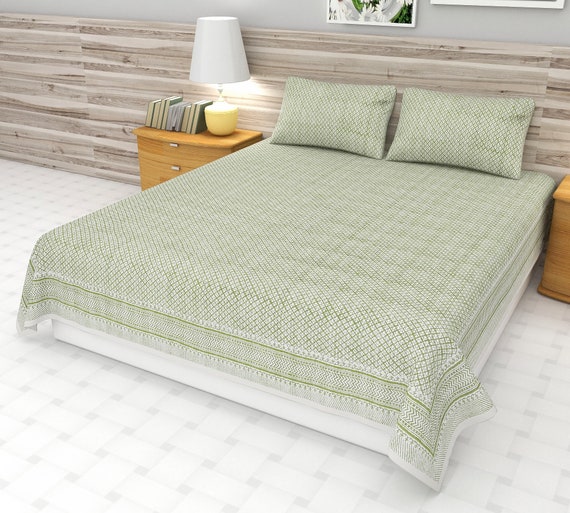 Luxury Green Floral Kantha Quilt, Hand Block Print, Natural Cotton Bedding, Handmade Quilt, Pillow & Cushion Covers - All Sizes Available