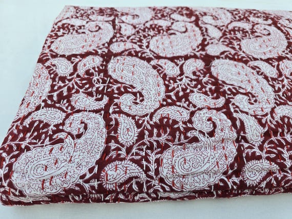 Premium Kantha Quilt Burgundy Quilt Handmade Cotton Kantha Indian Natural Color Indian inspired Bedding bed burgundy floral blankets