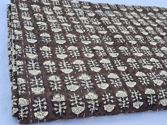 Brown Floral Kantha Quilt, Vintage Block Print Bedding, Handmade Cotton Bedspread