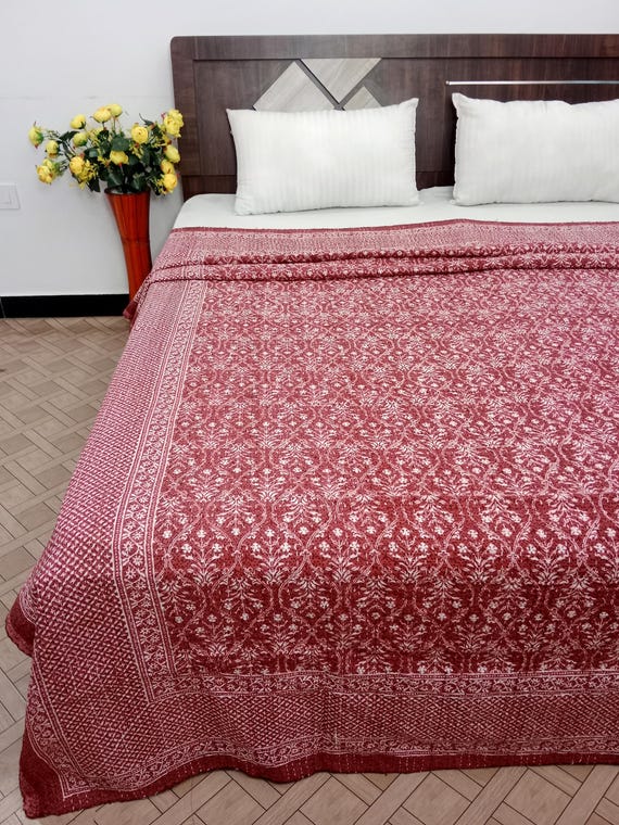Hand Stitched Floral Kantha Quilt: Natural Dye Cotton