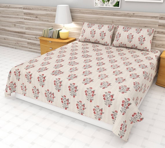 Asian design full size quilt for sale handmade Indian Block print bedding bedspread full size Kantha Quilted rose floral kantha Quilt