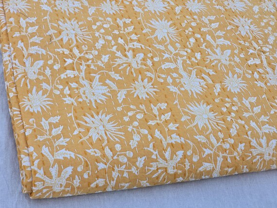 Floral Kantha Quilt: Handblock Printed Cotton Bedspread
