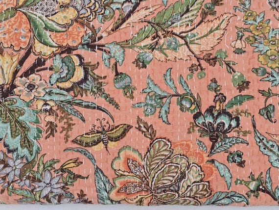 Peach Floral Kantha Quilt: Hand-Stitched Indian Bedding Bedspread floral printed cotton quilt Christmas Gifts peach color home decor kantha
