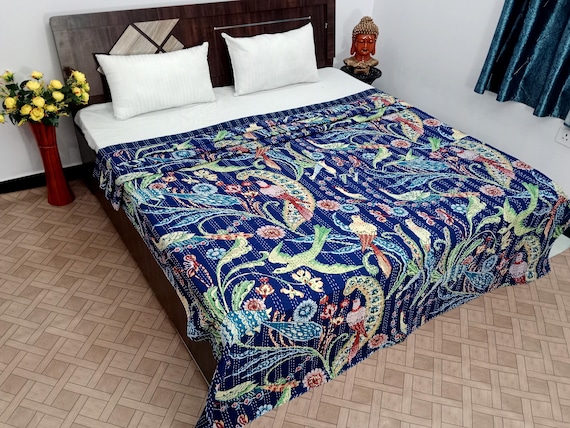 Premium Indian Bird Print Bedding Bedspread Full size Queen Quilt Hand Stitched Kantha Quilts, Votary bird Quilts Eco Friendly Kantha