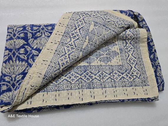 Floral Hand Block Print Kantha Quilt: Reversible Indian Cotton Blanket bedsheet