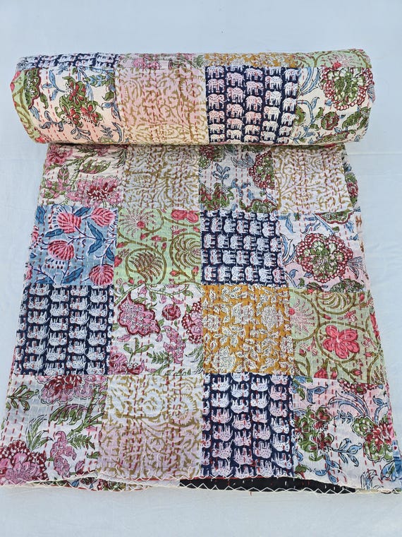 Assorted Patchwork Kantha Quilt Handblock Print floral Kantha  Indian Netural Colour Indian inspired Bedding Hand Stitched Rural Quilted