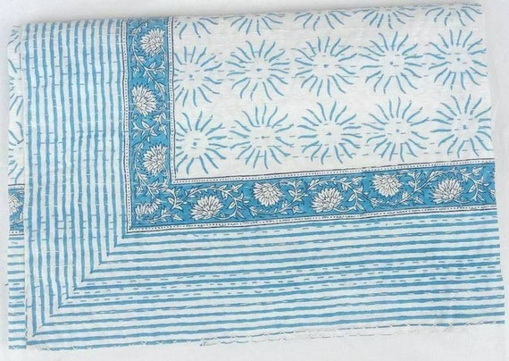 Premium Blue Kantha Sun print Bordered Design Indian Hand Block Print Bedding Bedspread Full Size Queen Quilt Hand Stitched Kantha Quilt