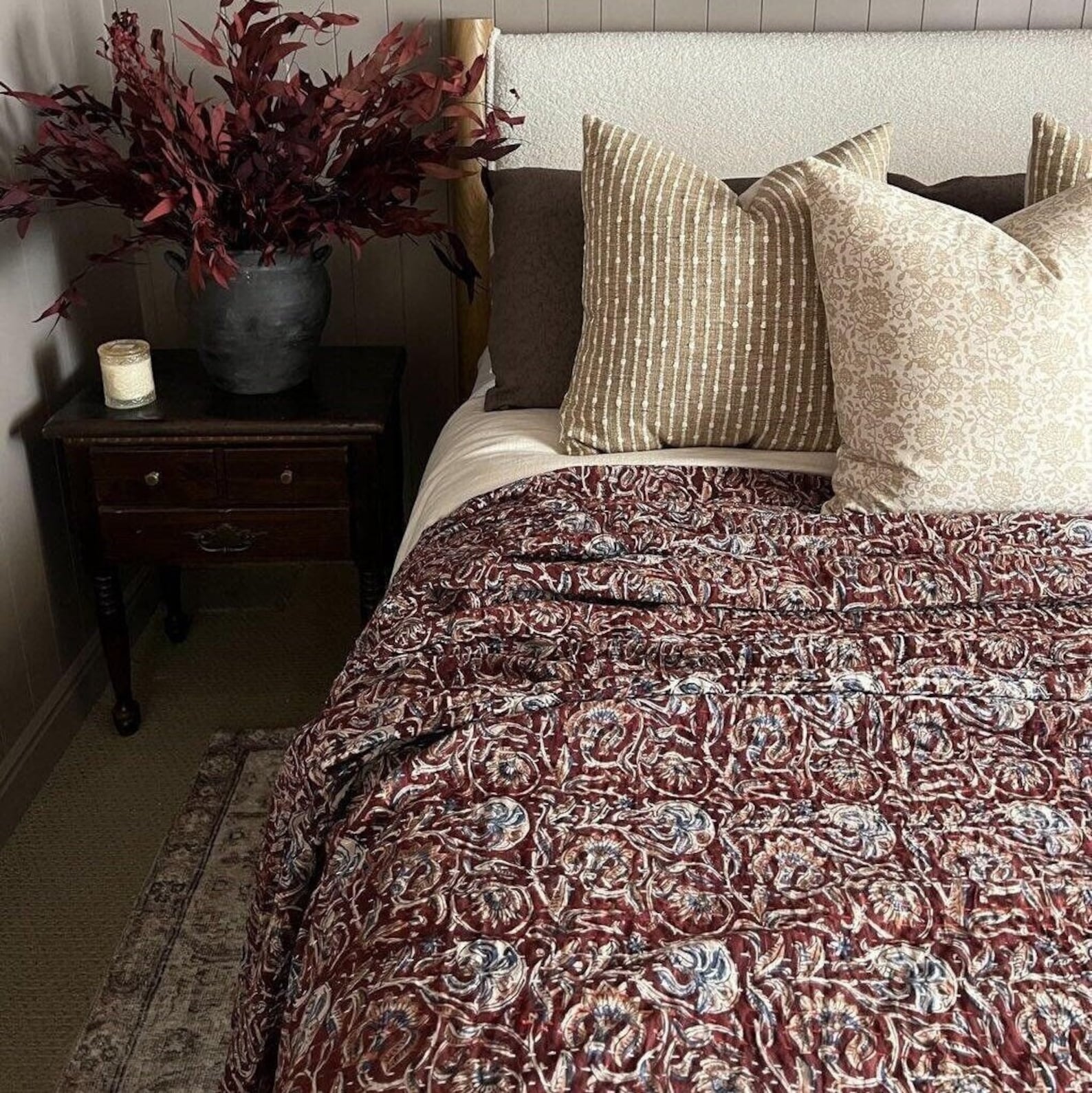 Handmade Burgundy Kantha Quilt, Kantha King 108X108