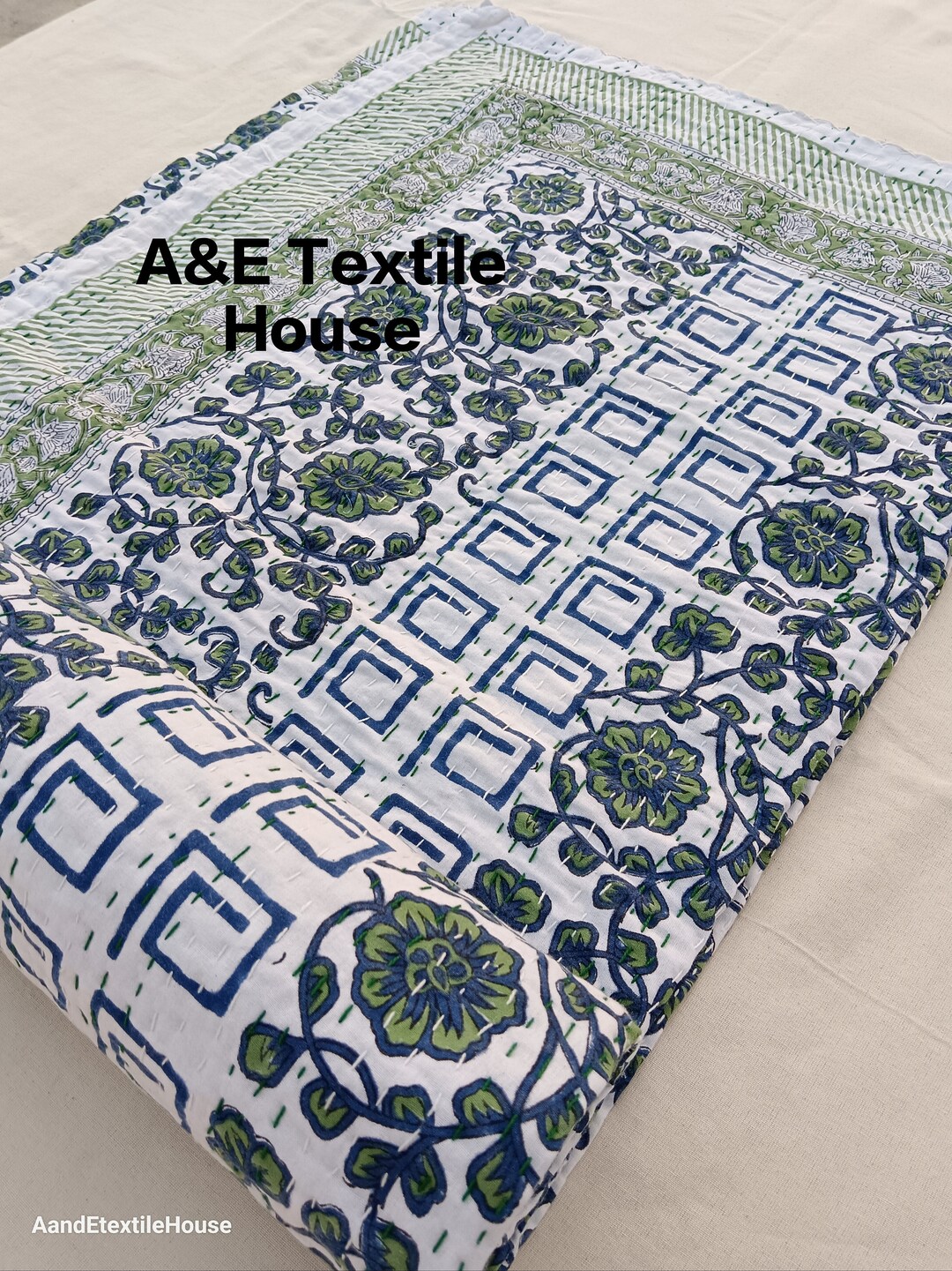 Green Floral Unique Stylen Kantha Quilt Handblock Print Floral Kantha