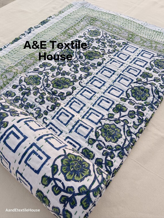 Green Floral Unique Stylen Kantha Quilt Handblock Print floral Kantha indian block print quilt Green Floral Kantha quilt patterns kantha