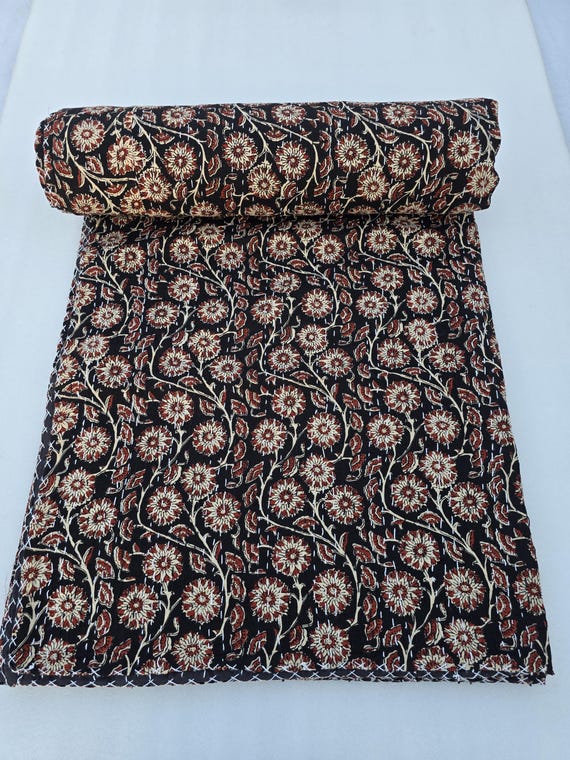 Black Floral Design Kantha Quilt Handmade Kantha Indian Natural Color inspired Bedding Hand Stitched Rural quilt Home Decor Kantha Quilt