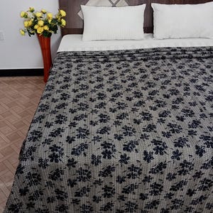 Floral Kantha Quilt: Hand Block Print Indian Cotton Bedspread