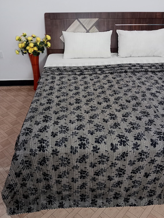 Floral Kantha Quilt, Hand Block Print Black Floral Bedding Kantha, Indian Natural Color inspired Boho Bedding Throw Bedspread