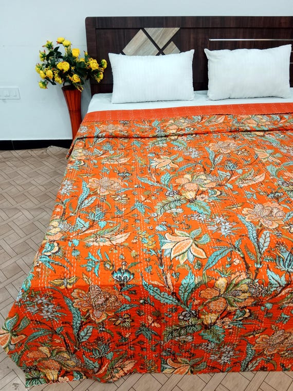 Orange Floral Kantha Quilt: Hand-Stitched Indian Cotton Bedspread