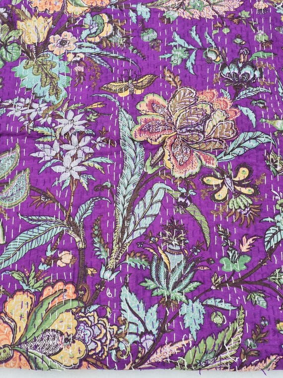 Purple Floral Kantha Quilt: Indian Cotton Bedding Bedspread